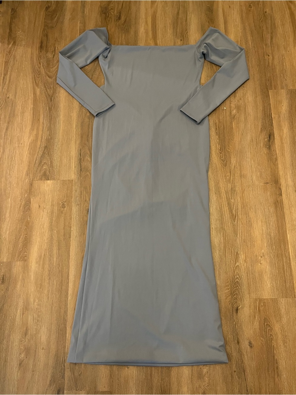 Fashion Nova Slate Blue Off-Shoulder Backless Long Sleeve Maxi Dress